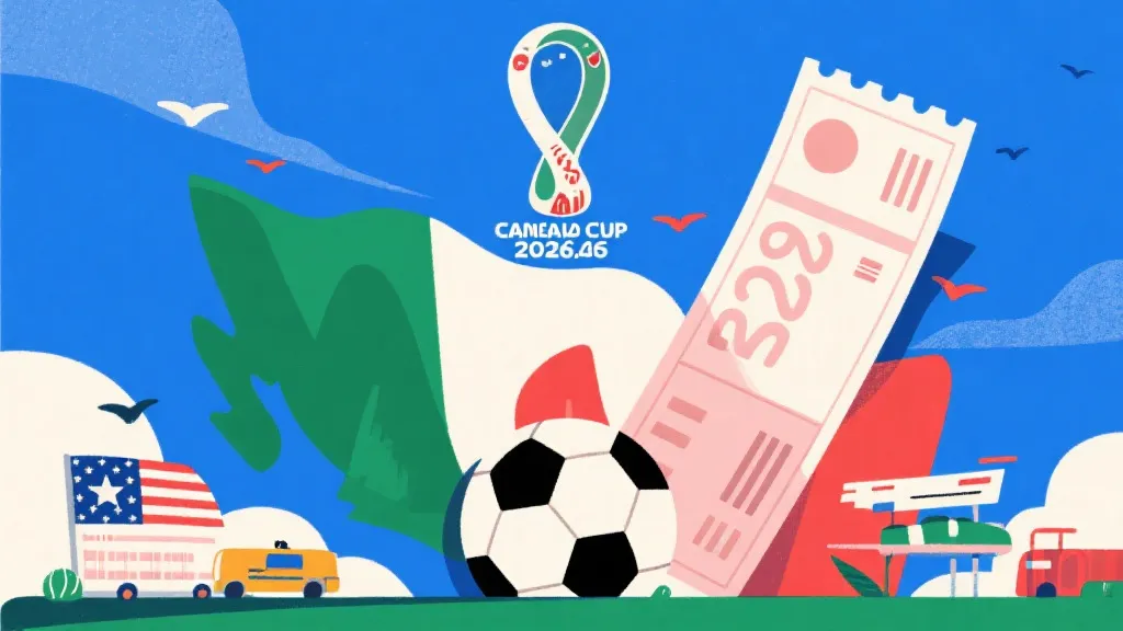 2026年美加墨世界杯概念图，包含足球与高昂旅行账单元素
